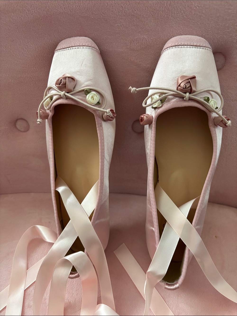 SHEIN Blush Pink Ribbon Ballet Flats with Rose Accents